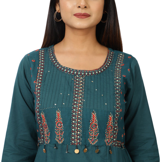 ZS Fashion Traditional Anarkali Dress Set with Dupatta, Teal Green with Embroidered Details, 3/4 Sleeves
