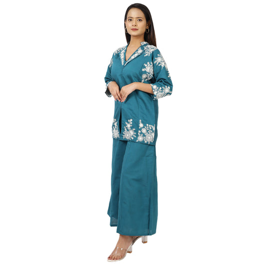 ZS Fashion teal floral printed cotton kurti set