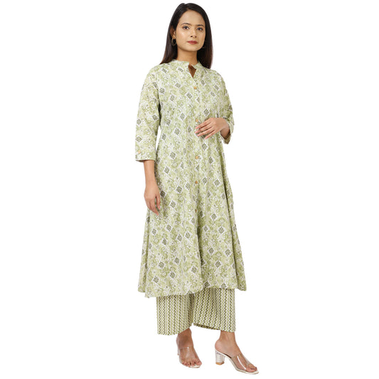 Light Green Floral Cotton Kurta Palazzo Set