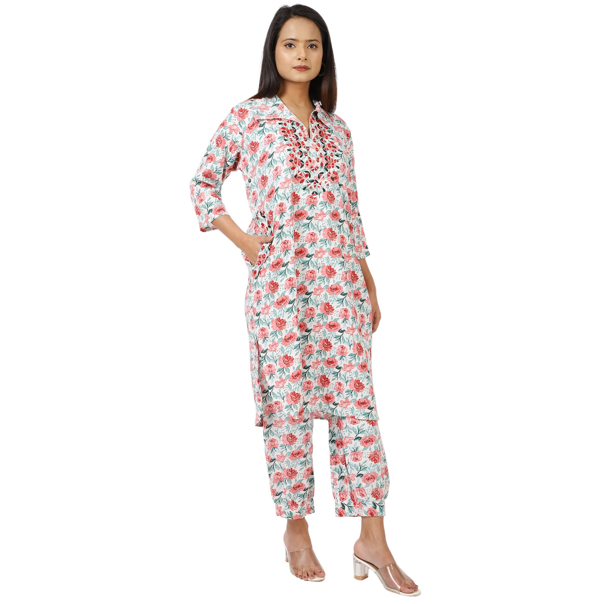 Pink rose pattern cotton kurta set by ZS Fashion