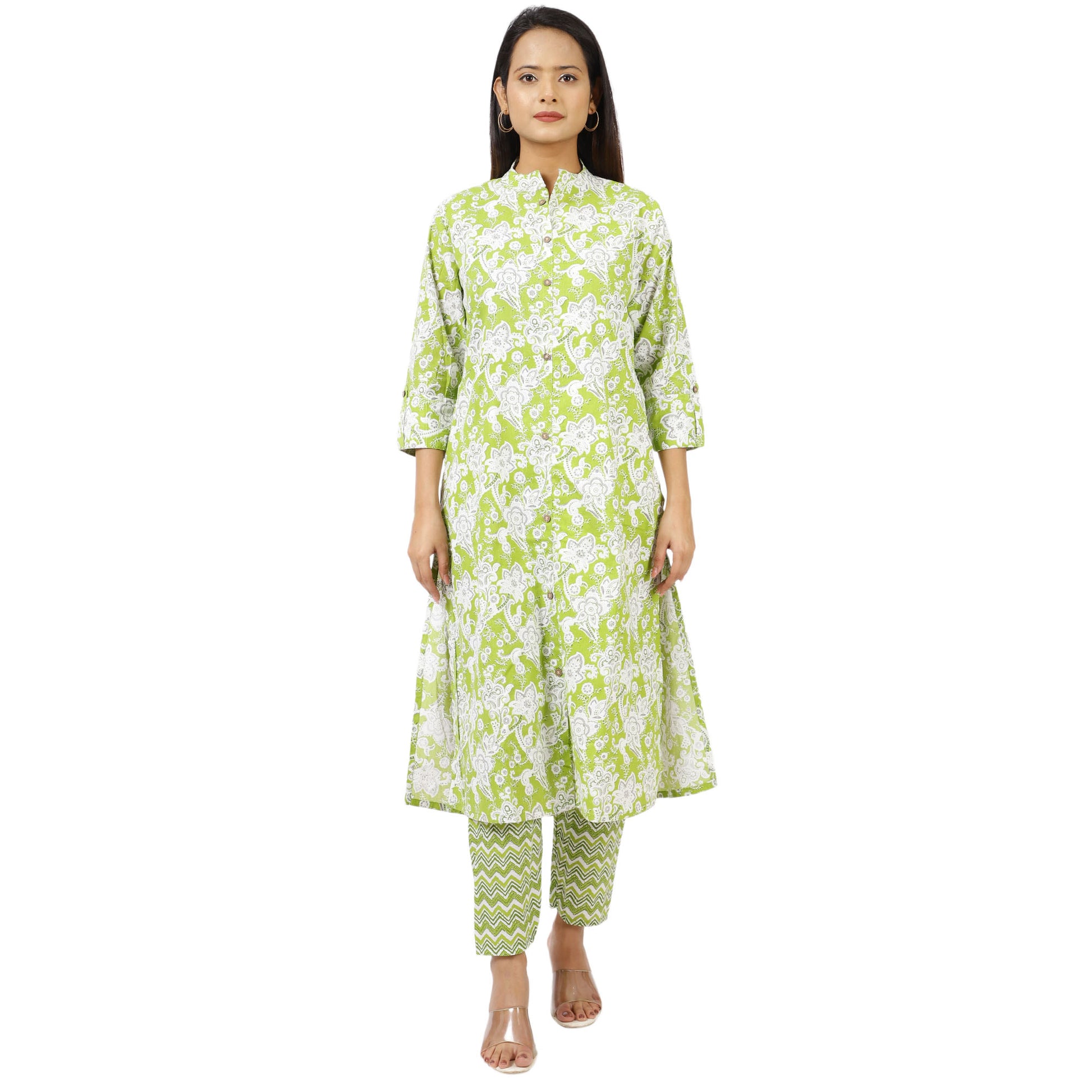 Green Printed Cotton Kurta with 3/4 Sleeves
