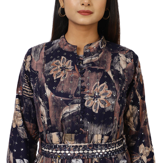 ZS Fashion Floral Print Maxi Dress with 3/4 Sleeves, Navy Blue and Brown, Studded Belt, Collared Neck
