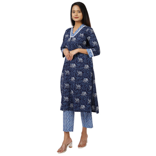 ZS Fashion Women's Navy Blue Cotton Kurta Set