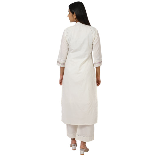ZS Fashion White Cotton Kurta Set with Floral Embroidery, 3/4 Sleeves, Mandarin Collar, Straight Cut