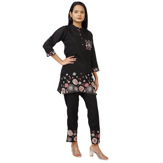 Women's Black Cotton Kurta Pant Set with Floral Embroidery, 3/4 Sleeve, Mandarin Collar