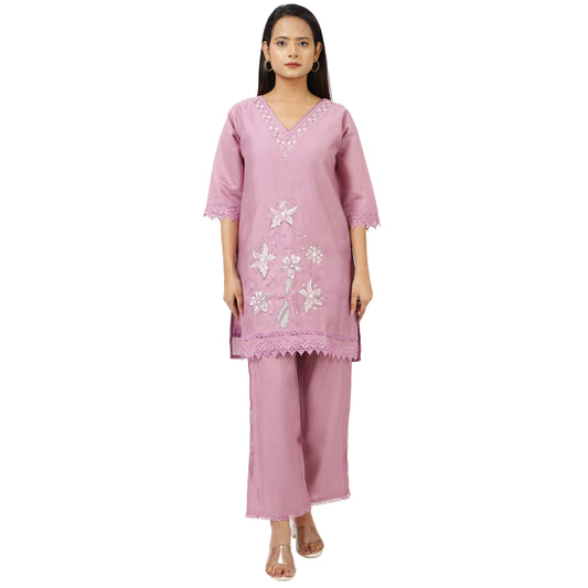 Women's V-Neck Pink Kurta Pant Set with Embroidery and Lace Detail – Festive