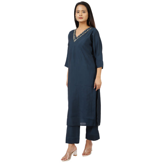 ZS Fashion Women's Indian Ethnic Set – Navy Blue Embellished Kurta with Palazzo Pants, V-Neck & 3/4 Sleeves