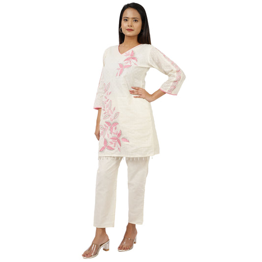 ZS Fashion Women's Cotton Kurta Set with Pink Floral Embroidery, 3/4 Sleeve V-Neck, White, Straight Fit
