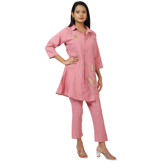 ZS Fashion Women's Embroidered Pink Kurta Pant Set – Soft Cotton Fabric, 3/4 Sleeves, Gold & Silver Leaf Design