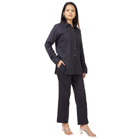 ZS Fashion Women's Navy Blue Cotton Shirt and Pants Set, Long Sleeve Button-Down, Casual Co-Ord Outfit