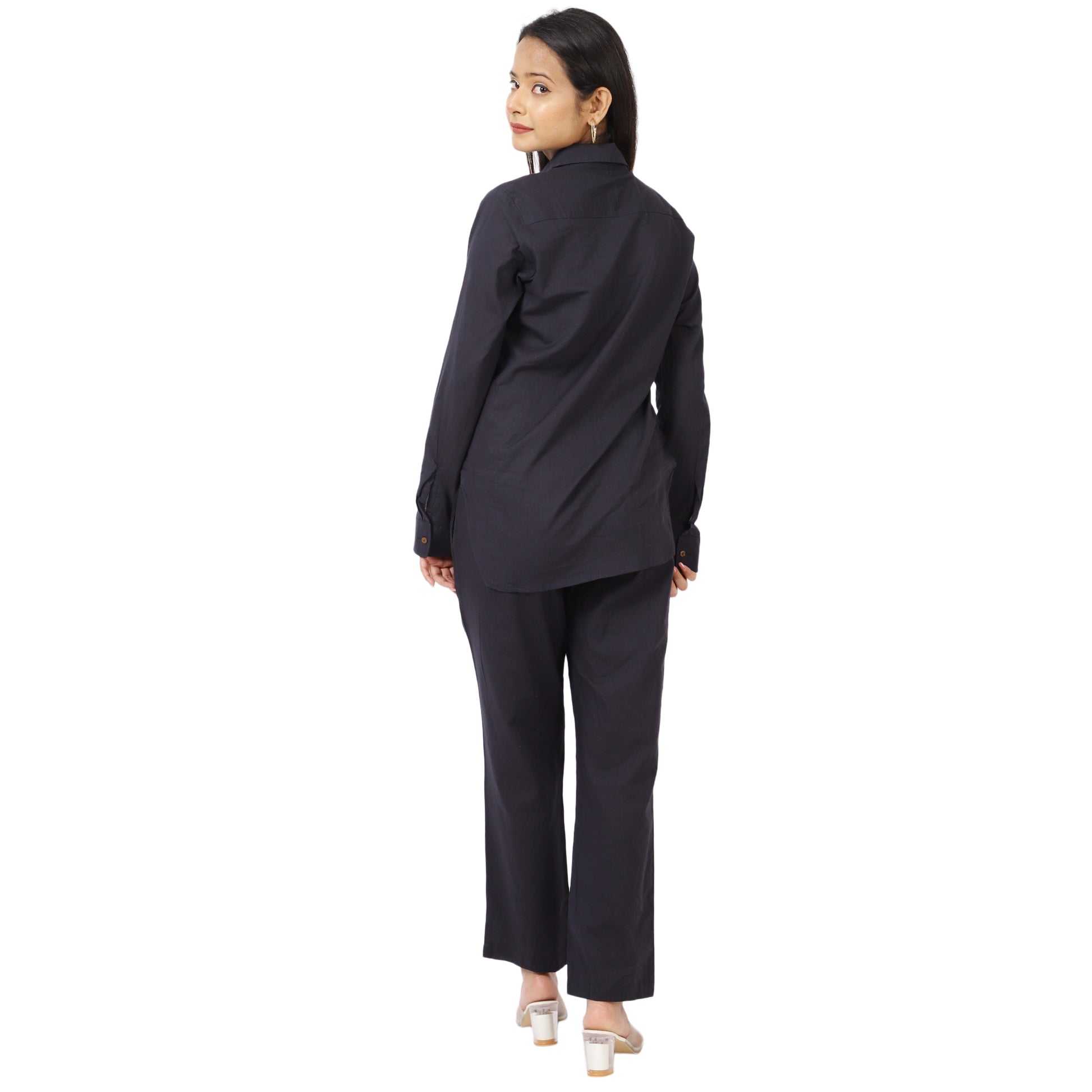Casual Co-Ord Outfit in Navy Blue – Long Sleeve Button-Back View
