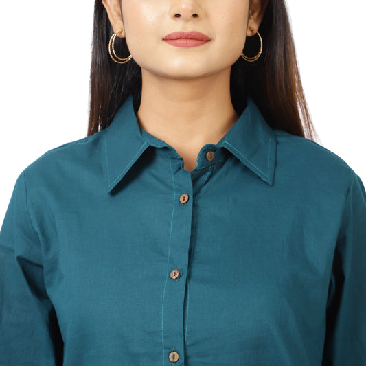 ZS Fashion Women's Teal Cotton Co-Ord Set – Long Sleeve Button-Down Shirt with Straight Pants | Casual & Loungewear Outfit